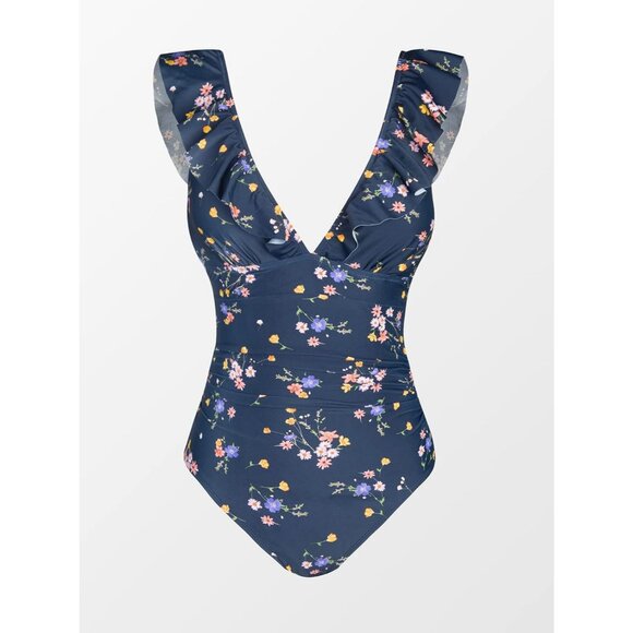 Women's Blue Ruffled One Piece Swimsuit V Neck Lace Up - Picture 5 of 6